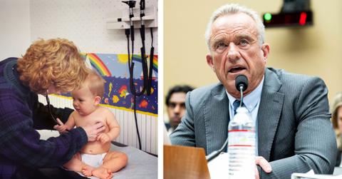 A doctor examines a baby next to a photo of RFK Jr