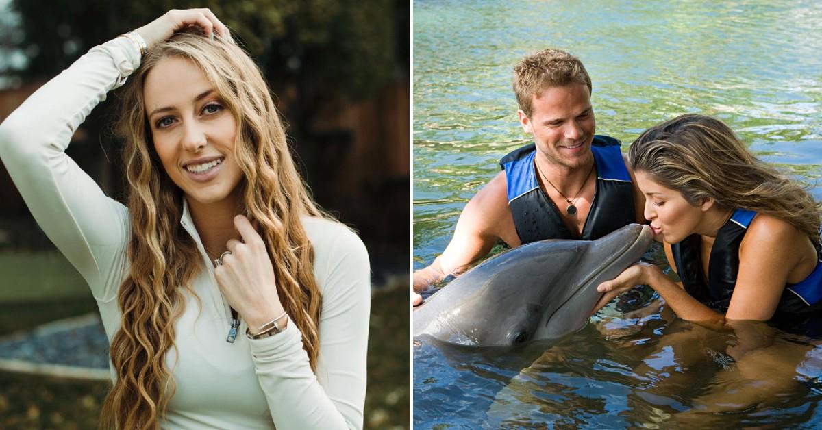 Headshot of personal trainer and fitness entrepreneur Brittany Mahomes alongside an image of two people interacting with a dolphin in water