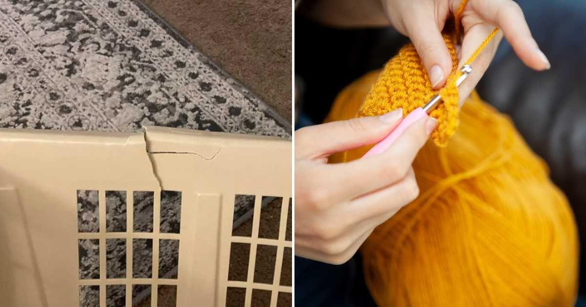 (L) Laundry basket with a crack. (Cover Image Source: Reddit | u/bifalif). (R) A person crocheting with yellow wool. (Representative Cover Image Source: Getty Images | Peter Carruthers)