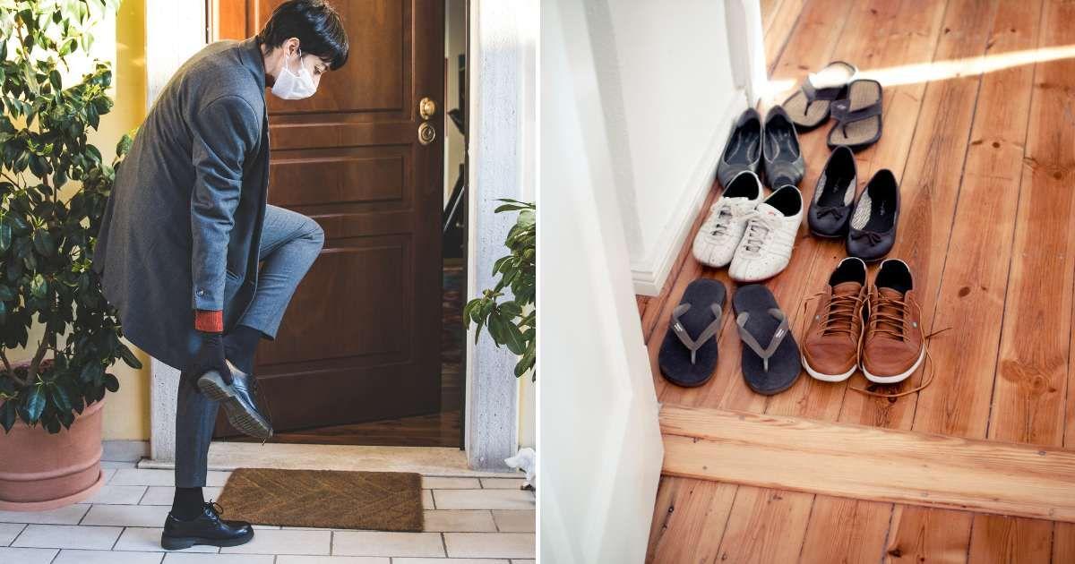 (L) A person taking off their shoes outside the home. (R) Several pairs of shoes were left outside the door. (Representative Cover Image Sources: Getty Images | (L) Leo Patrizi, (R) Fabian Gehweiler)