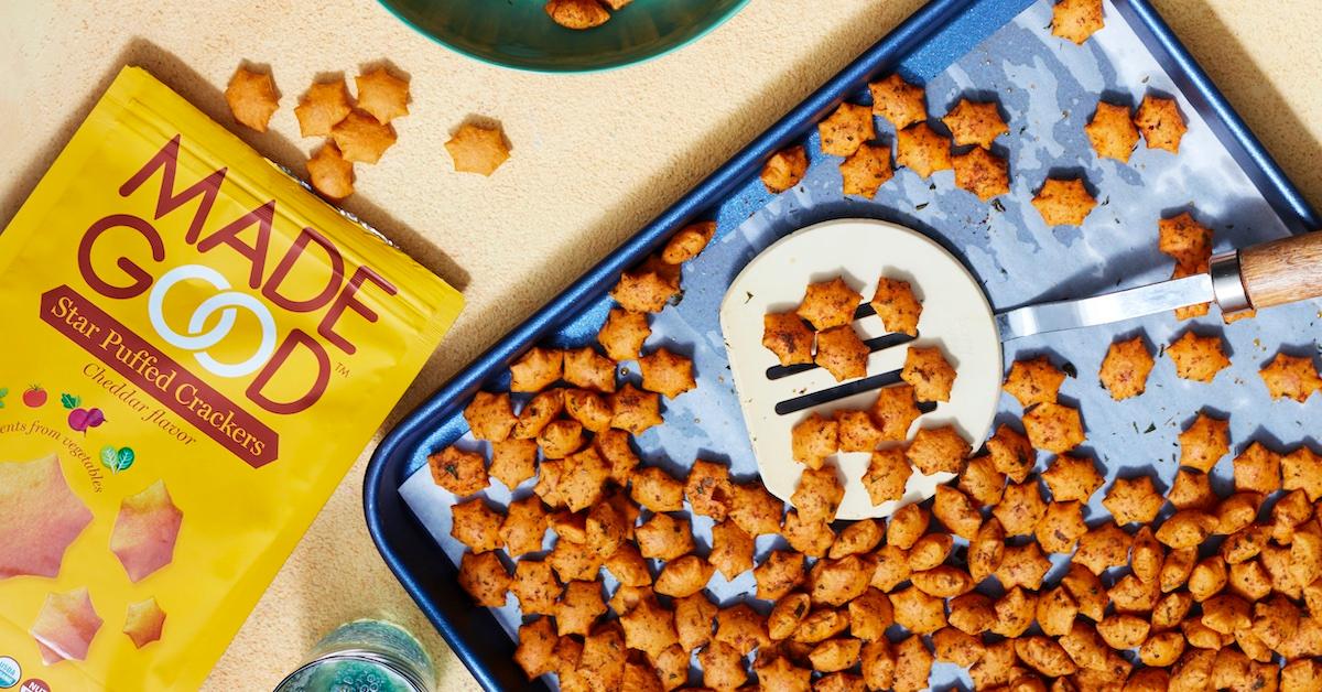 A tray of MadeGood's Spicy Ranch Cheddar Crackers.