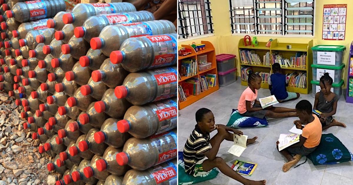 Plastic bottles ready for construction in a pile; children sit on the floor of a library