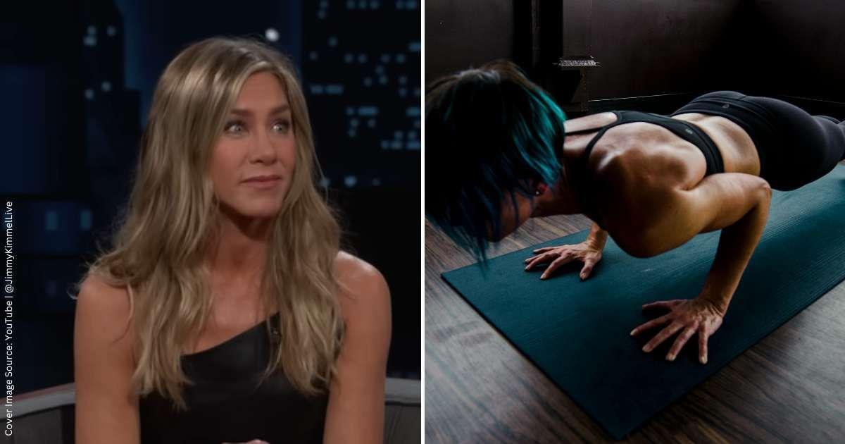 (L) Jennifer Aniston in an interview with Jimmy Kimmel. (Cover Image Source: YouTube | @JimmyKimmelLive) | (R) A woman doing push-ups in the gym. (Representative Cover Image Source: Pexels | Karl Solano)