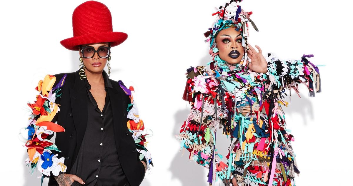 Drag queens Raja Gemini and Yvie Oddly wearing Zero Waste Daniel designs