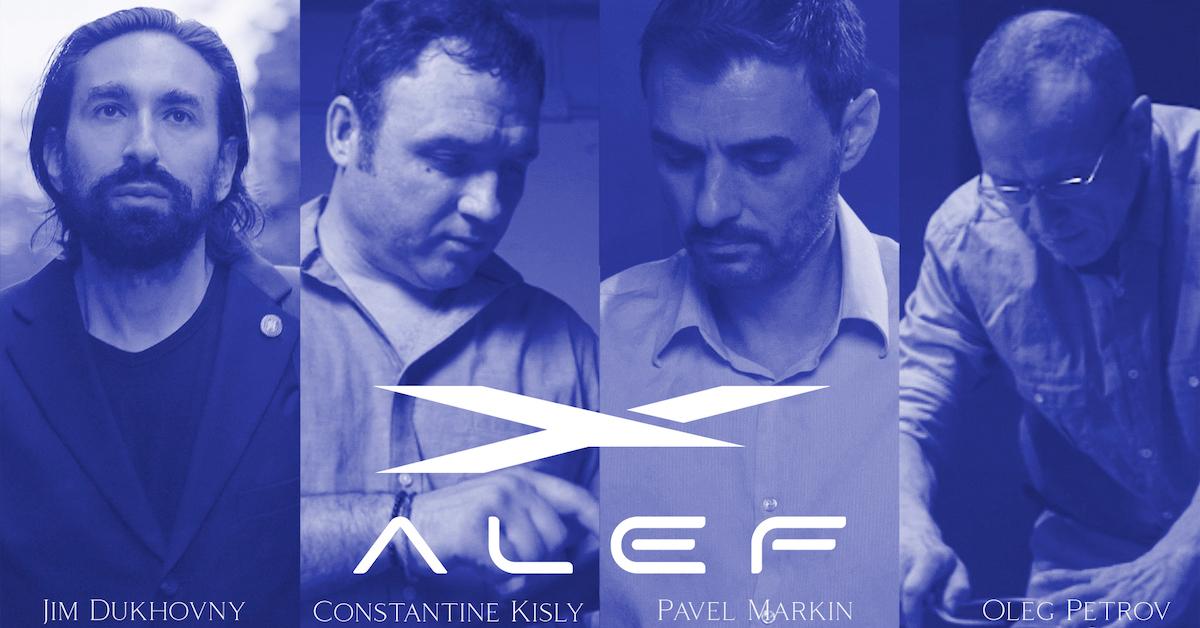 (Pictured left to right) Jim Dukhovny, Constantine Kisly, Pavel Markin, and Oleg Petrov with logo