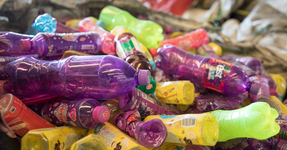 A pile of colorful plastic bottles