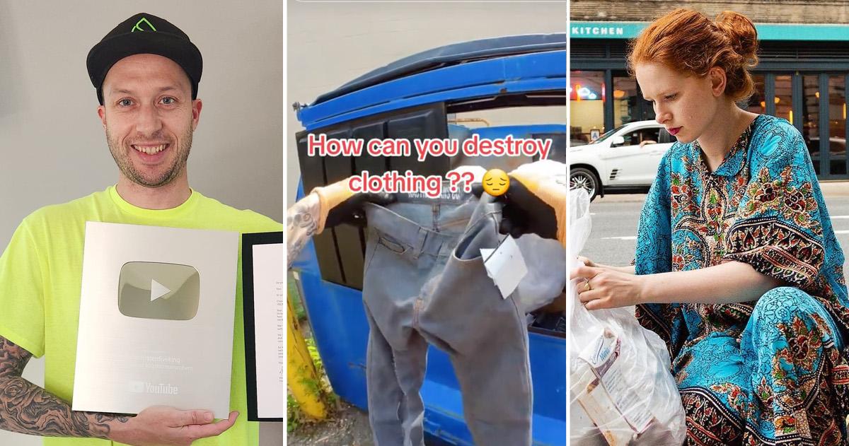 A photo of Anna Sacks looking through a trash bag, a screenshot of a TikTok with someone holding up pants in front of a dumpster, and Dumpster Dive King smiling while holding a YouTube plaque