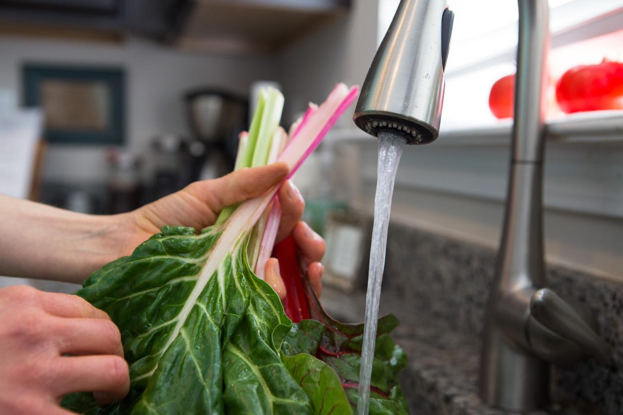 A person washes collard greens in a kitchen sink.