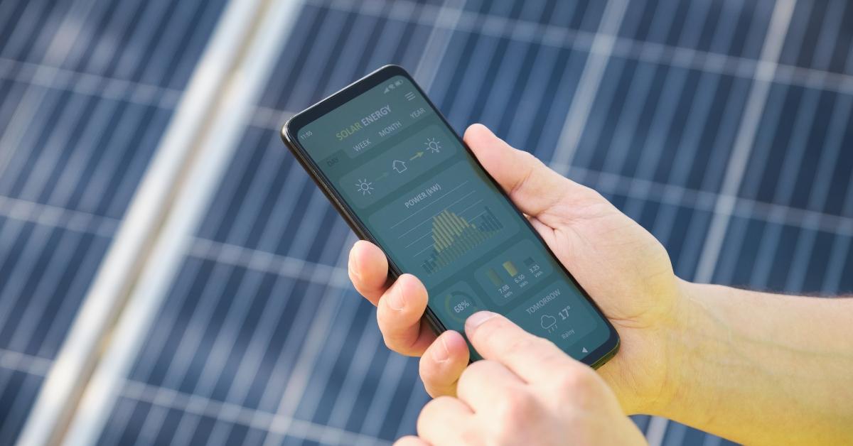 Solar panels behind someone using a cell phone. 