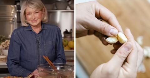(L) Martha Stewart preparing delectable dishes, (R) Hands peeling garlic. (Representative Cover Image Source: (L) YouTube | @CBSSundayMorning; (R) Pexels | RDNE Stock Project)