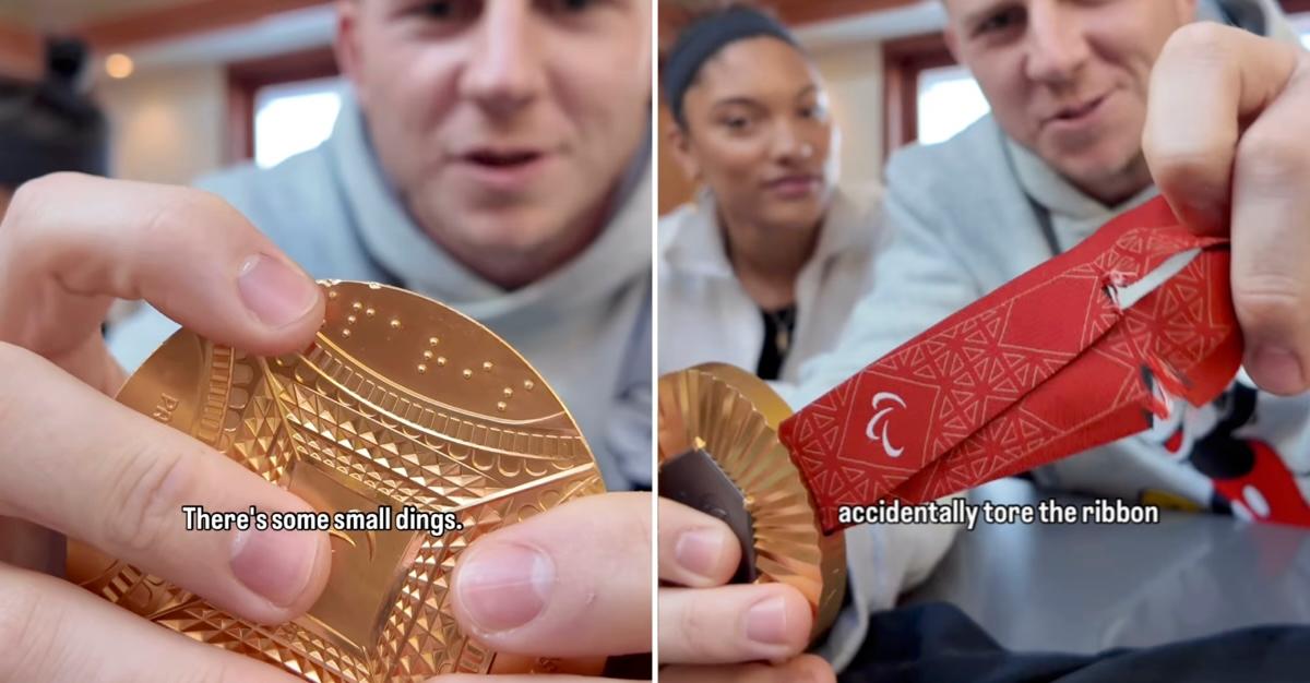 Hunter Woodhall holds up his Paralympic medal and its ribbon in two screenshots from a social media video