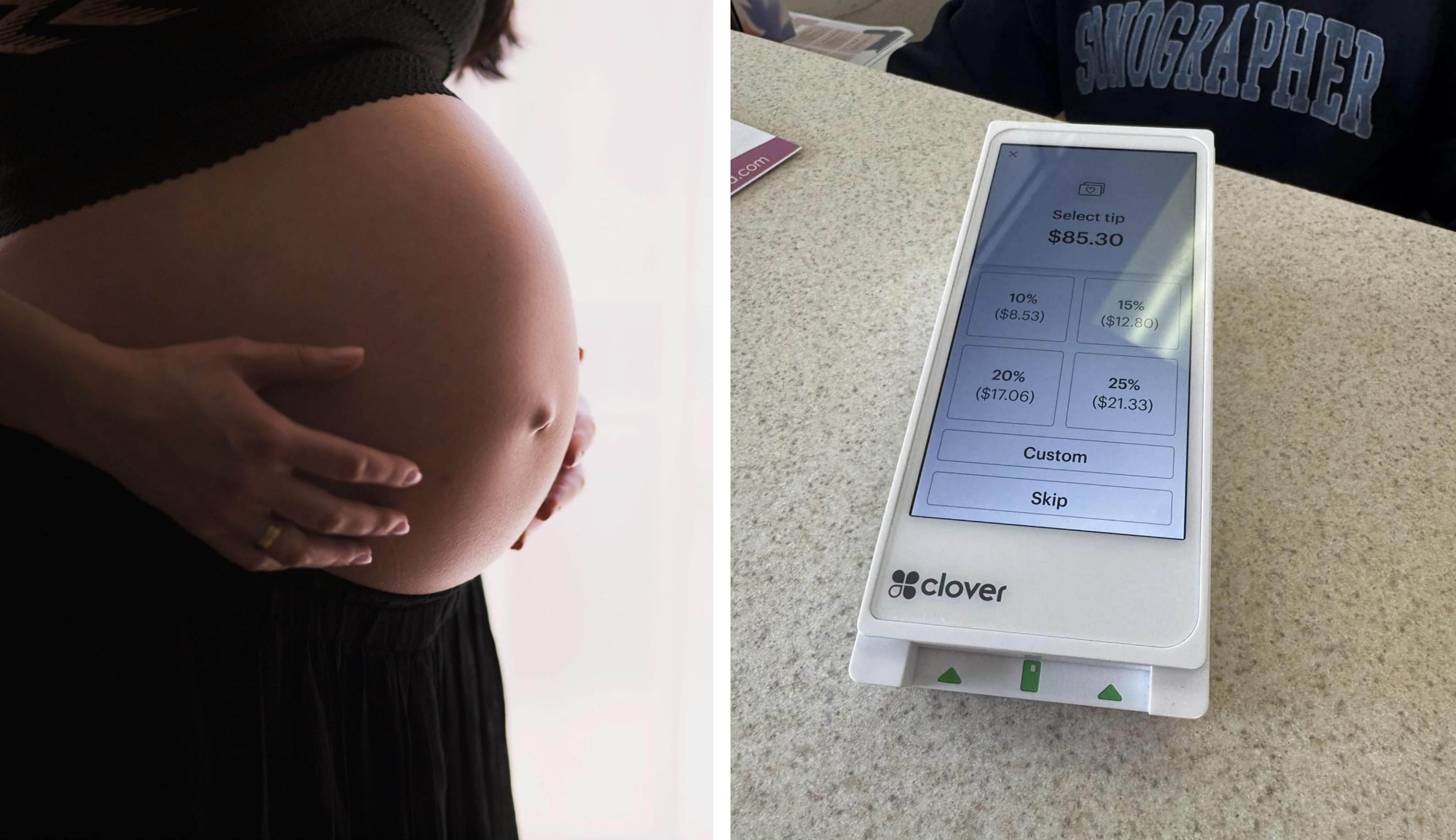 A woman holds her pregnant stomach (left) beside a screen imploring a customer to tip (right).