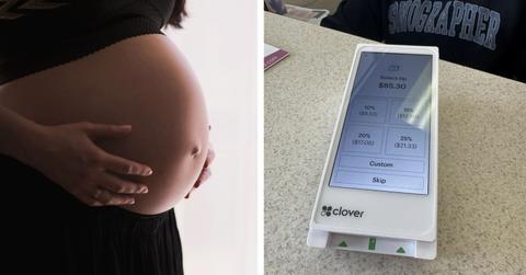 A woman holds her pregnant stomach (left) beside a screen imploring a customer to tip (right).