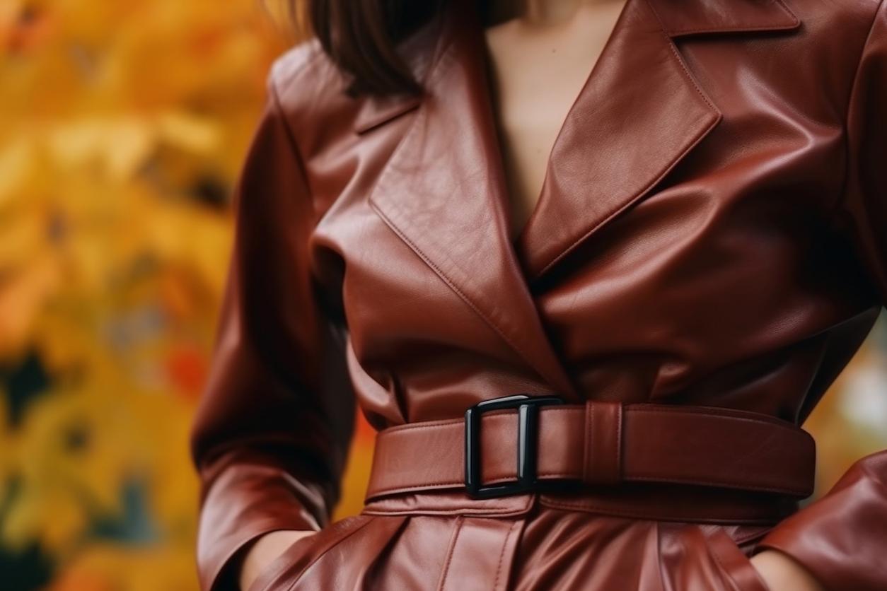 A close-up photo of a woman wearing a reddish PU leather coat with autumn leaves on a tree in the background.