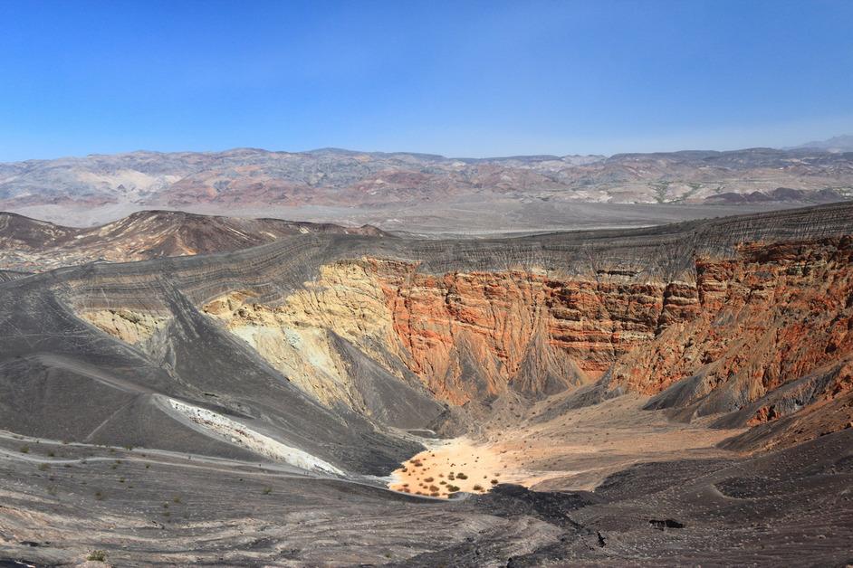 A dry crater in Death Valley on a sunny day.