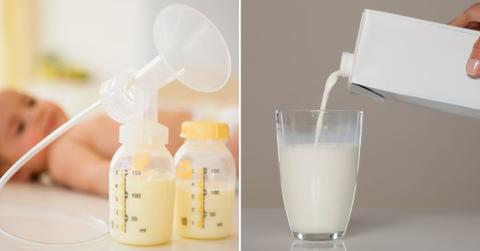 (L) Two bottles of pumped breast milk with a baby in the background. (R) A person pouring pasteurized milk into a glass. (Representative Cover Image Source: Getty Images | (L) Jamie Grill, (R)Vladimir Floyd)