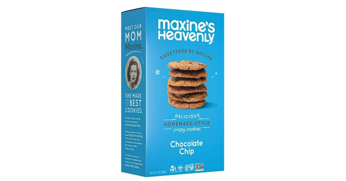 Maxine's Heavenly vegan chocolate chip cookies in a blue box