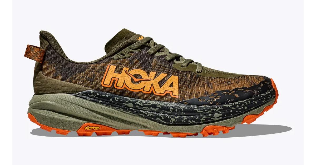 Men's Hoka Speedgoat 6 shoe in green, black, and orange