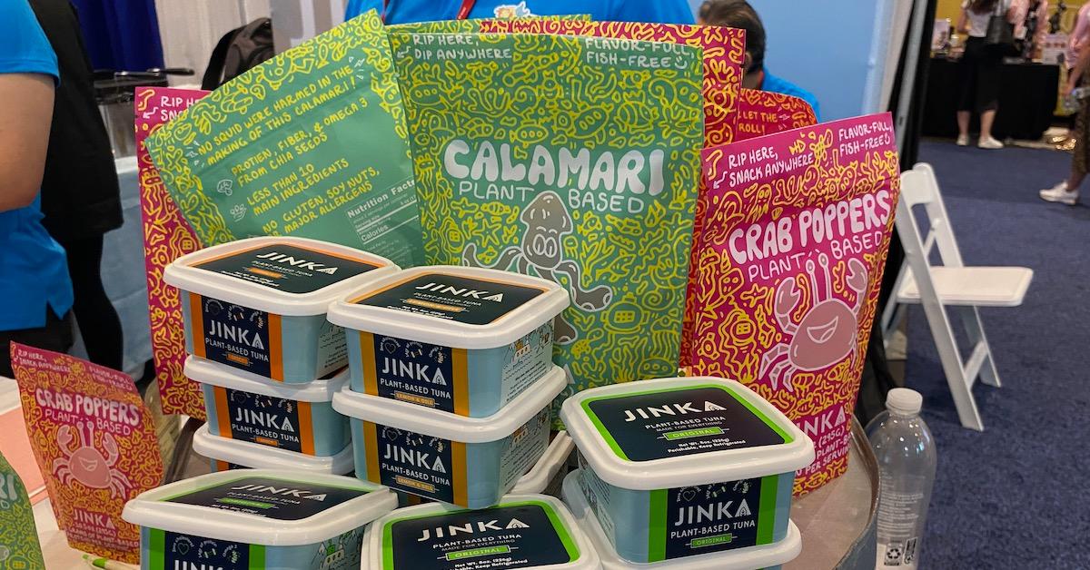 Packages of Jinka's Plant-Based Calamari, Plant-Based Crab Poppers, and Plant-Based Tuna