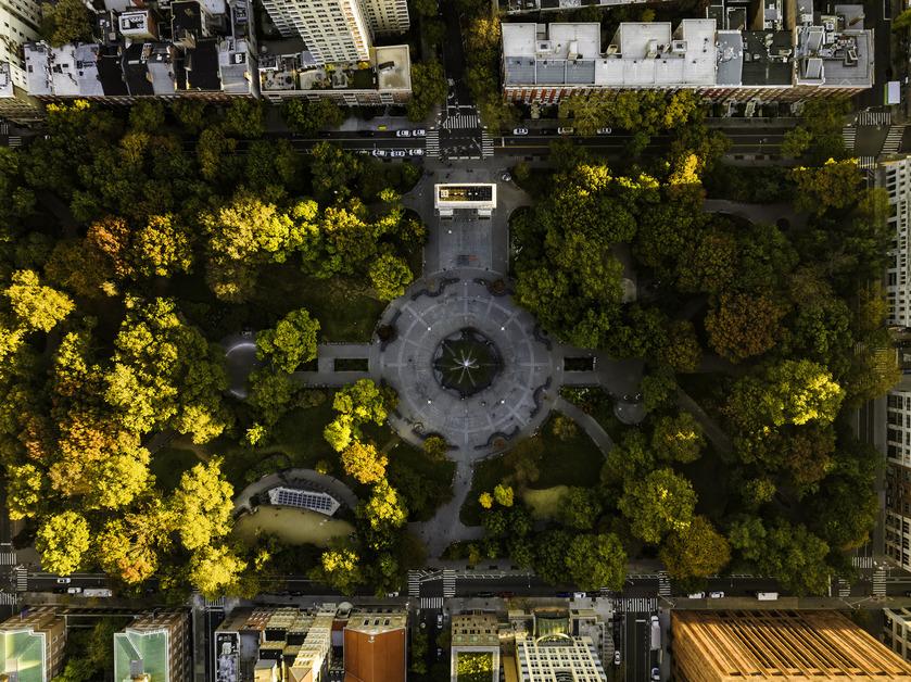 Aerial view of Washington Square Park in New York City in the morning. 