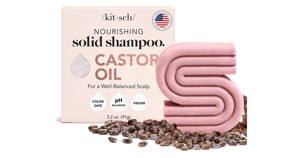 S-shaped shampoo bar with castor seeds and cardboard packaging