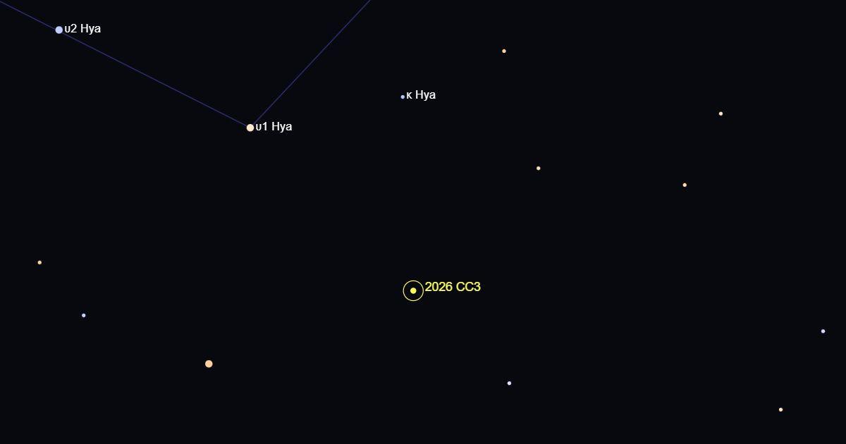 Star map showing the position of NEO Asteroid 2026 CC3 in the constellation of Hydra (Cover Image Source: The Sky Live)