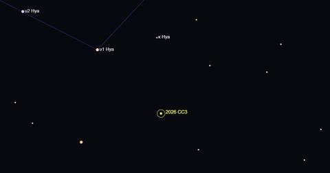 Star map showing the position of NEO Asteroid 2026 CC3 in the constellation of Hydra (Cover Image Source: The Sky Live)