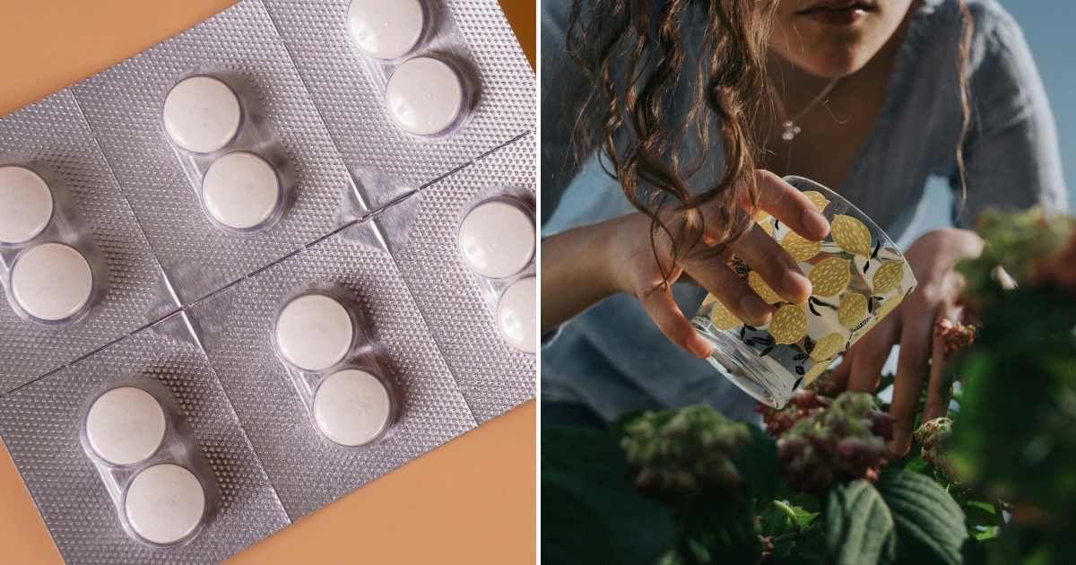 (L) Aspirin tablets unopened. (R) Woman watering a plant in her garden. (Representative Cover Image Source: Pexels | (L) Etatics Inc, (R) Matteo Badini)