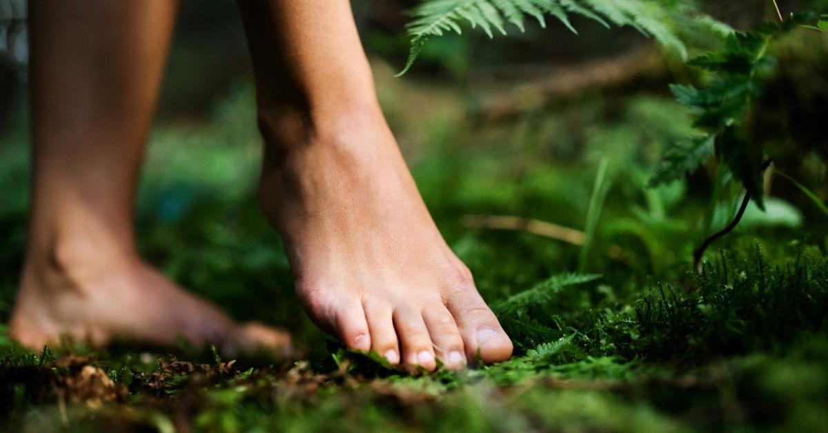 Close-up image of bare feet walking in the woods