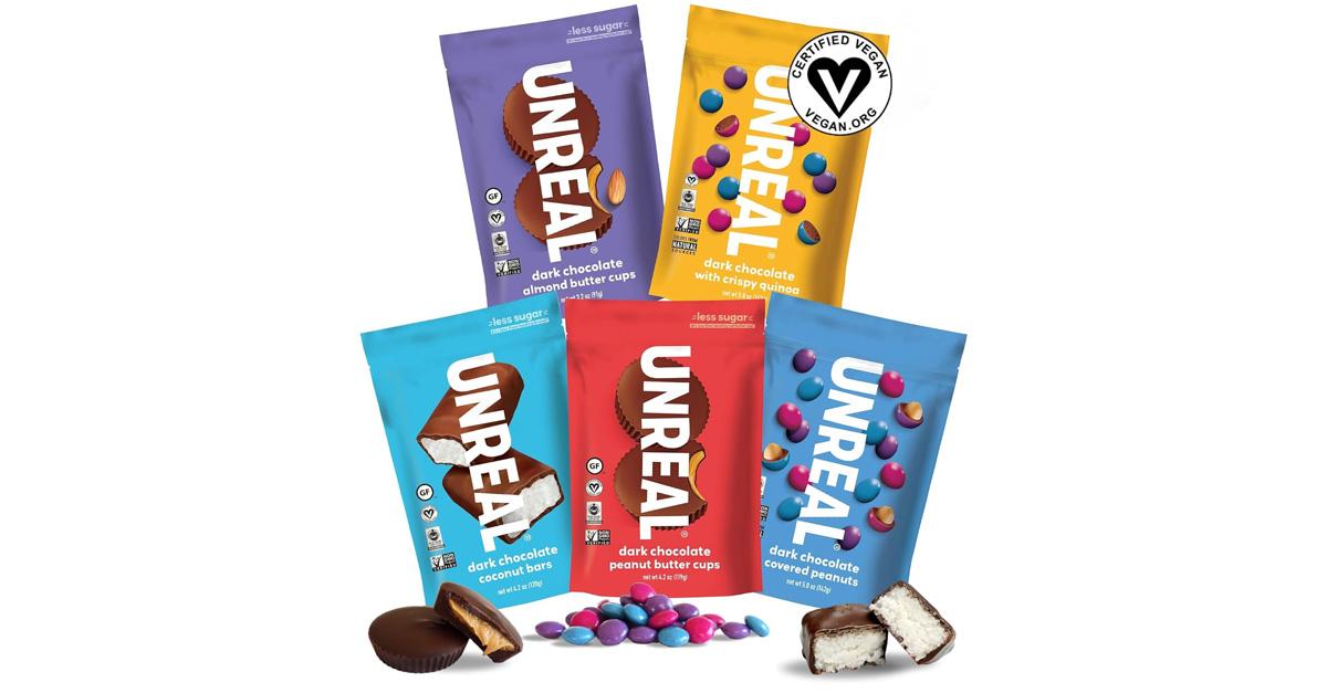 UNREAL Vegan Variety Pack - a variety of chocolate candy snacks in colorful bags