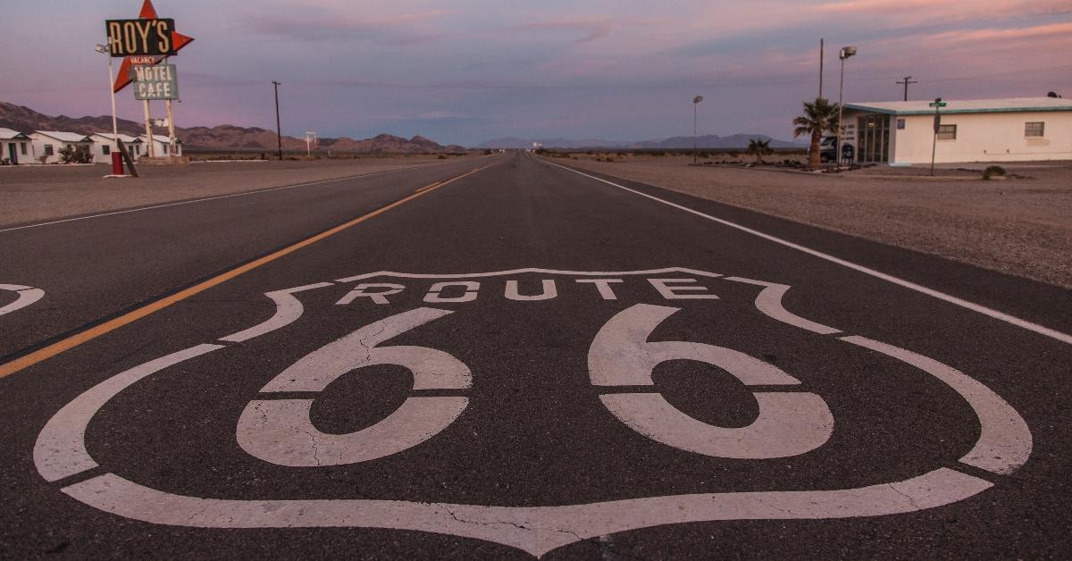 Route 66 marker in the Mojave desert of California. 