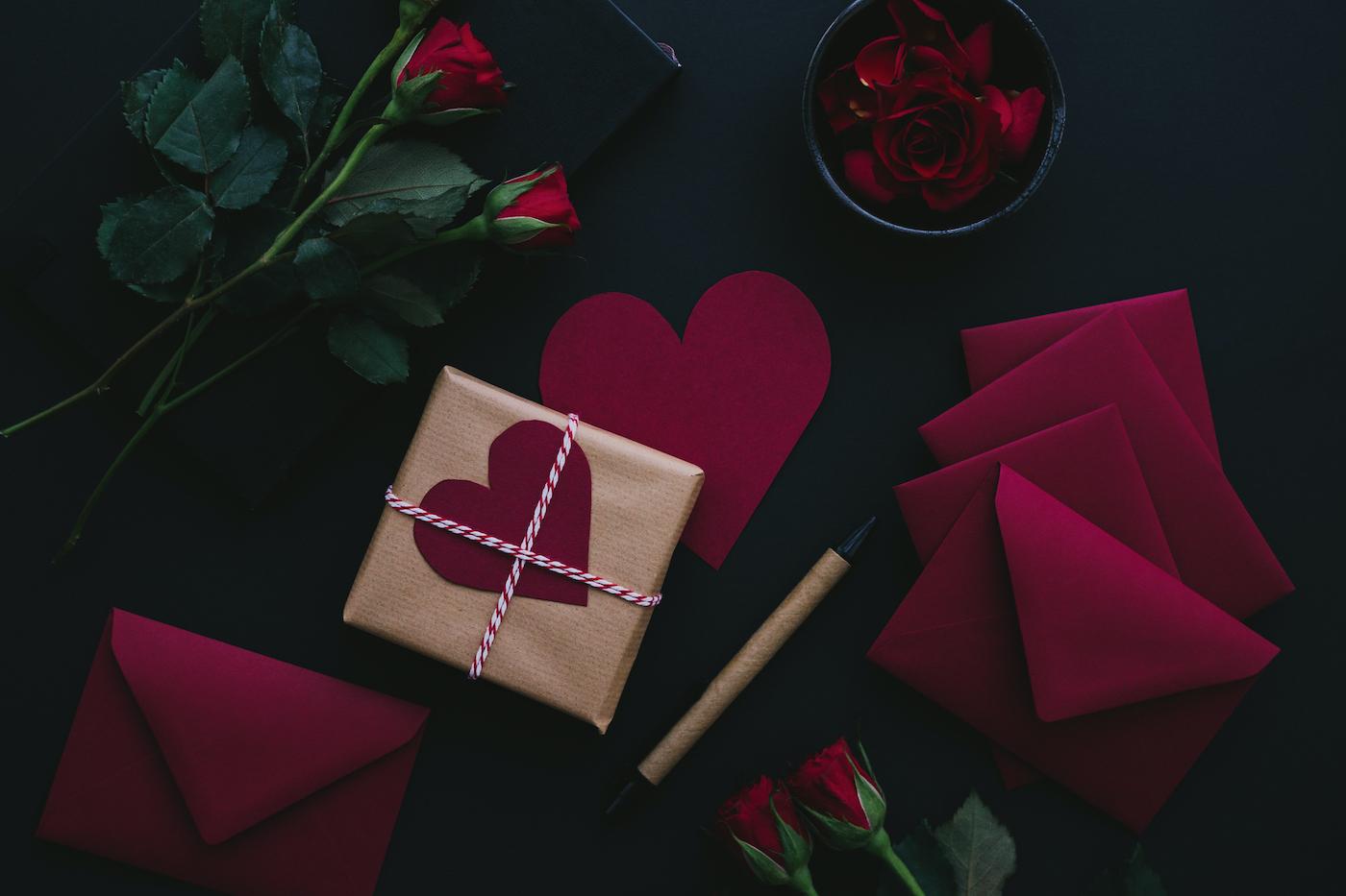 Valentine's Day cards and presents wrapped in recycled paper. 