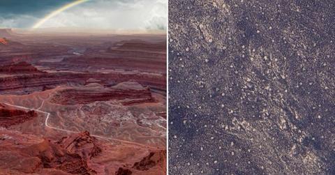 (L) The rocky terrains of the Grand Canyon in the USA. (Representative Cover Image Source: Pexels | Galyna Lunina) | (R) Polka-dot patterns in the Grand Canyon (36°17'18"N 113°05'56"W) visible from space. (Cover Image Source: Google Earth)