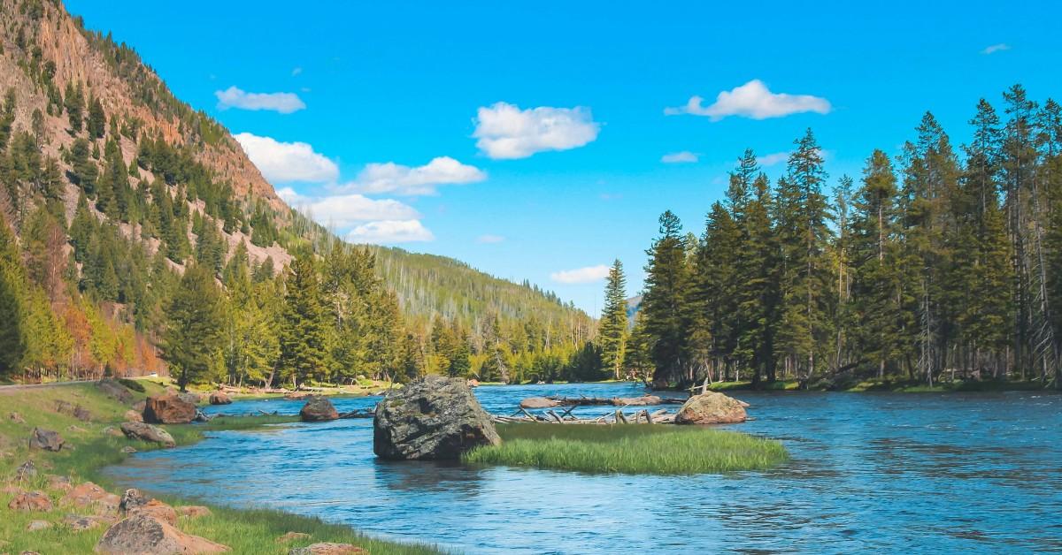 Mountains and trees surround a lake at Yellowstone