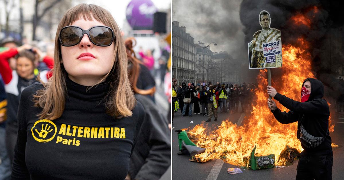 An image of Mathilde Caillard standing on the street during a protest, wearing black sunglasses and a black Alternatiba Paris turtleneck, alongside an image of a protester holding a placard depicting Emmanuel Macron next to a small fire on a street in Paris, France. 