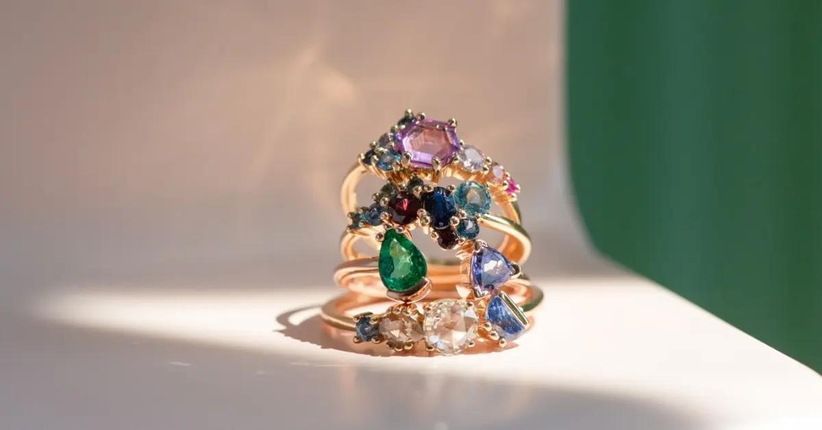 Stack of gold Bario Neal rings with colorful gemstones on white surface.