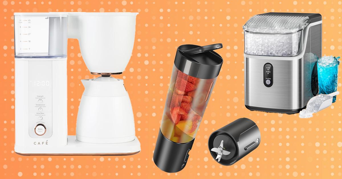 small kitchen appliances on an orange polka dot background