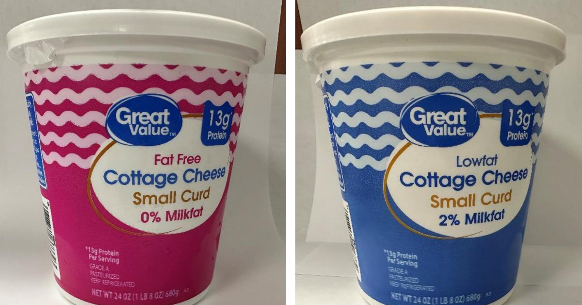 A pink container and a blue container of Great Value brand cottage cheese