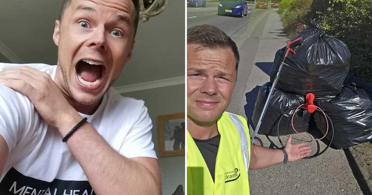 (L) Scottish man motivates people on mental health. (Cover Image Source: Facebook | Mike Scotland) | (R) Man tidies up litter from Scotland's roads (Cover Image Source: LinkedIn | Mike Scotland)
