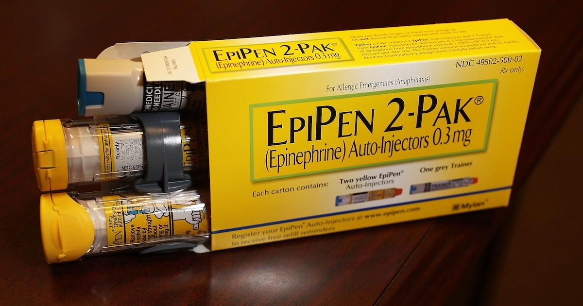 Two pack of EpiPen, which dispenses epinephrine through an injection mechanism for people with severe allergies, sits on a table.