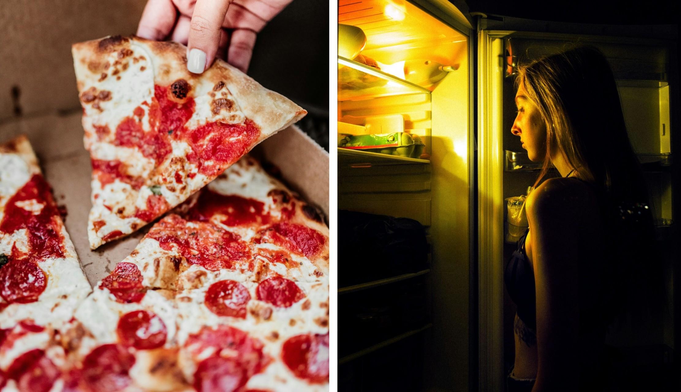 A slice of pizza is taken from a box on the left, while a woman solemnly looks in a refrigerator on the right.