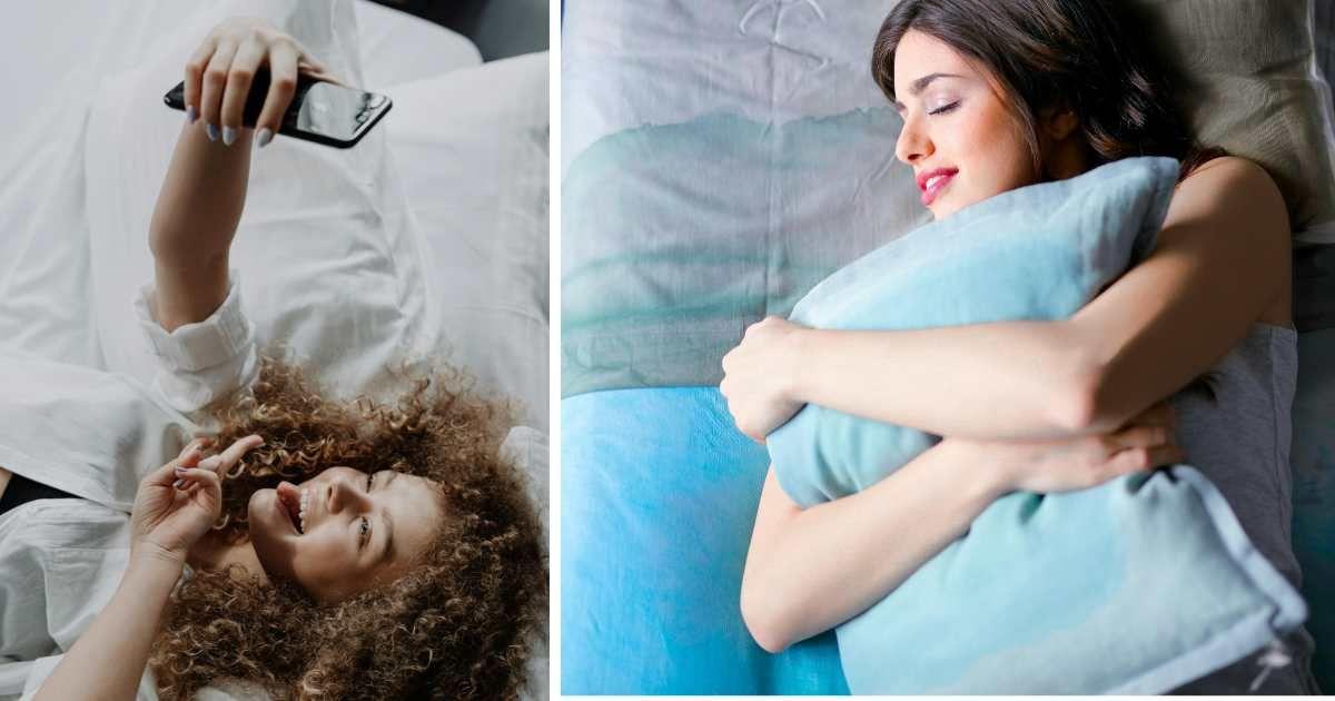 (L) Cheerful woman taking a selfie in bed, (R) Pleasant woman sleeping and holding a blue pillow in her arms. (Representative Cover Image Source: Pexels | (L) Cottonbro Studio, (R) Andrea Piacquadio)