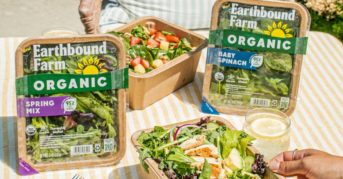 Earthbound Farm salads in boxes on picnic blanket