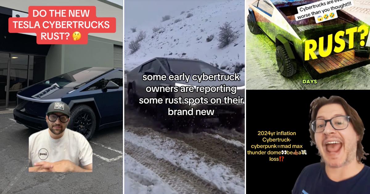 Three screenshots from videos of people exploring whether Tesla Cybertrucks rust