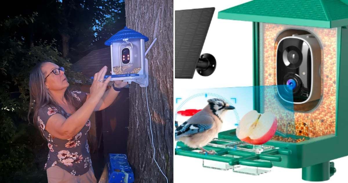 (L) A  woman installing a smart bird feeder. (Representative Cover Image Source: Getty Images |  Marc Dufresne) | (R) VIMKIM's AI-powered bird feeder on Amazon. (Cover Image Source: Amazon)