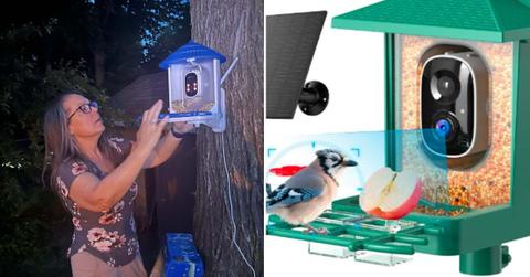 (L) A woman installing a smart bird feeder. (Representative Cover Image Source: Getty Images | Marc Dufresne) | (R) VIMKIM's AI-powered bird feeder on Amazon. (Cover Image Source: Amazon)