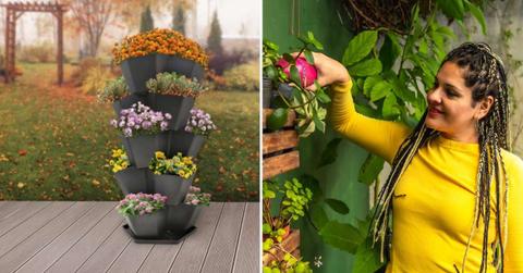 (L) Costco's 5-tier stackable planter (Cover Image Source: Costco) | (R) Woman gardening on vertical wooden planter (Representative Cover Image Source: Getty Images | Ellparaguessio)