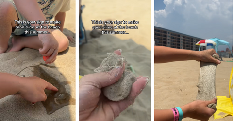 A woman makes sand slime at the beach with her child