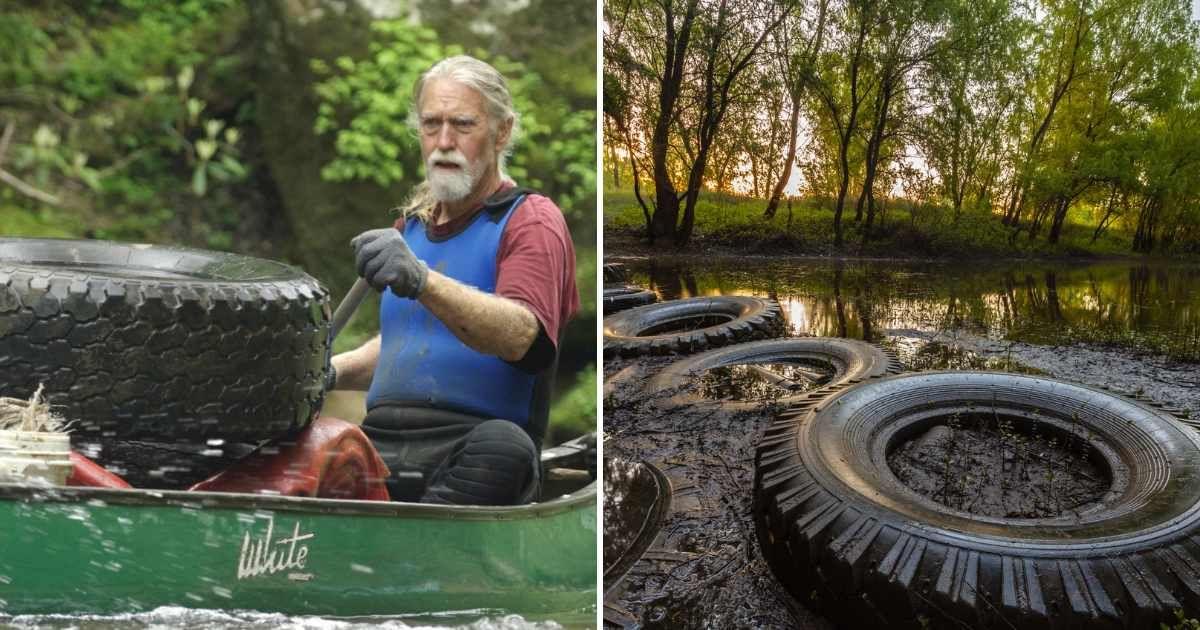 (L) Kentucky man Russ Miller picking trashed tires from Red River (Cover Image Source: Instagram | @kwalliance) | (R) Tires dumped on a riverbank (Representative Cover Image Source: Getty Images | Shico3000)