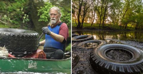 (L) Kentucky man Russ Miller picking trashed tires from Red River (Cover Image Source: Instagram | @kwalliance) | (R) Tires dumped on a riverbank (Representative Cover Image Source: Getty Images | Shico3000)